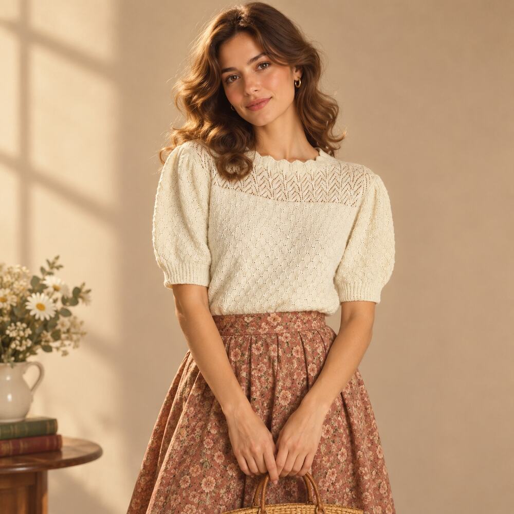 Vintage Ivory Bouclé Pointelle Puff Sleeve Sweater Scalloped Collar M